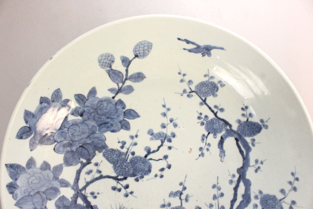 No5146 古伊万里 大明成化年製 染付花鳥文大皿 直径47cm 送料