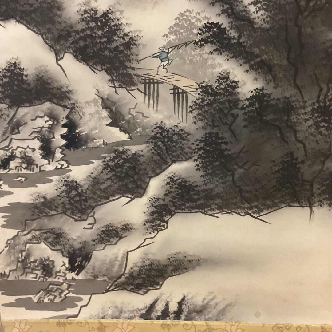 水墨山水画 絹本掛け軸 一堂筆【落款印譜在】 軸先木軸