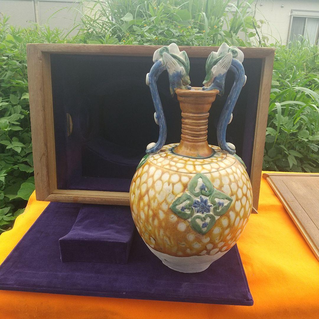 旧中国時代、唐三彩  双龍耳花瓶