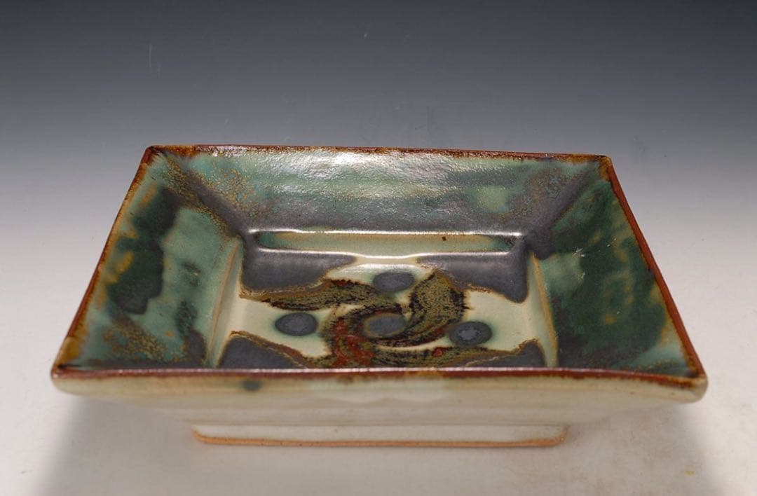 作家物 緑釉鉄絵角皿 検）島岡達三 陶器 陶芸 皿 角皿 民藝 民芸 骨董 壺