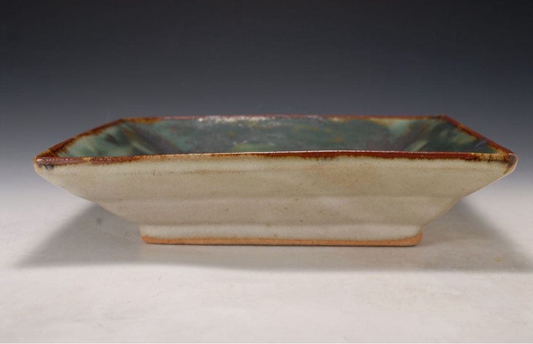 作家物 緑釉鉄絵角皿 検）島岡達三 陶器 陶芸 皿 角皿 民藝 民芸 骨董 壺