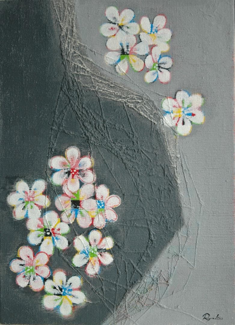 油絵 菅家令子 絵画 インテリア額付(青緑＋金色の枠) F4-090516 花梅