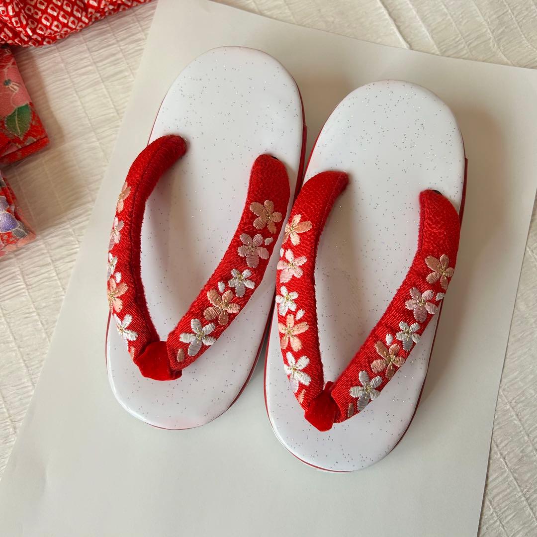 七五三 3歳 着物 753 正絹 被布 総絞り 三歳 赤 草履 金糸 花柄 毱