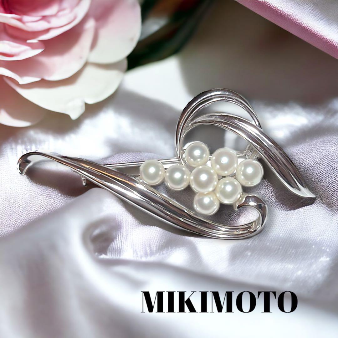 極美品】MIKIMOTO パールブローチ あこや真珠 シルバー 刻印 ハート型