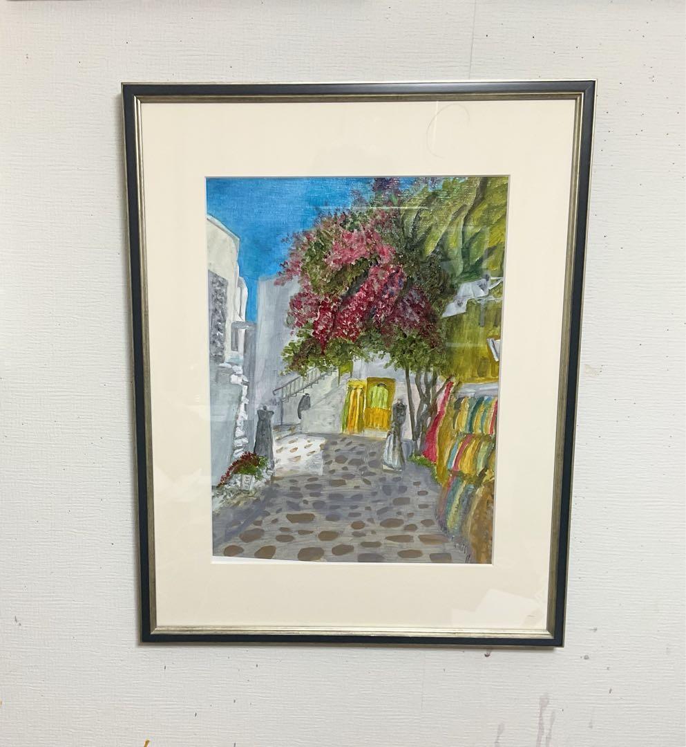 油彩画　「　ブーゲンビリアの街角　」　原画　額付