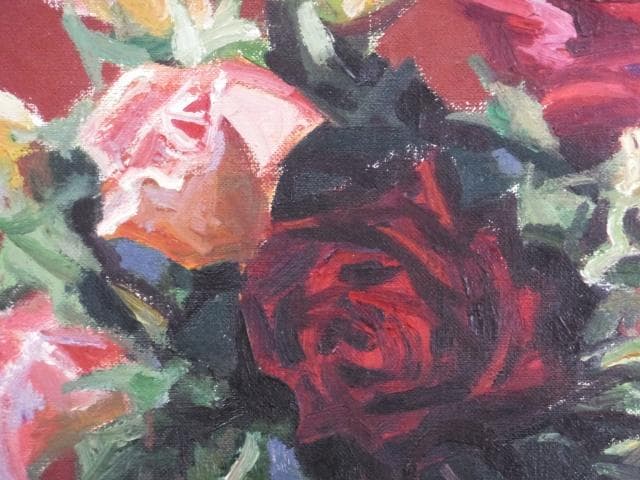 山本彪一　直筆サイン　日動画廊シール『ばら』油彩 1964年 0801G