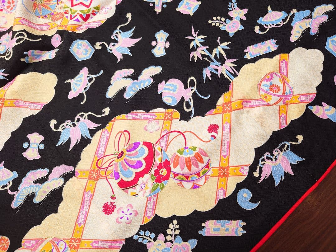 正絹　七五三　着物　長襦袢セット　黒　手毬　宝尽し