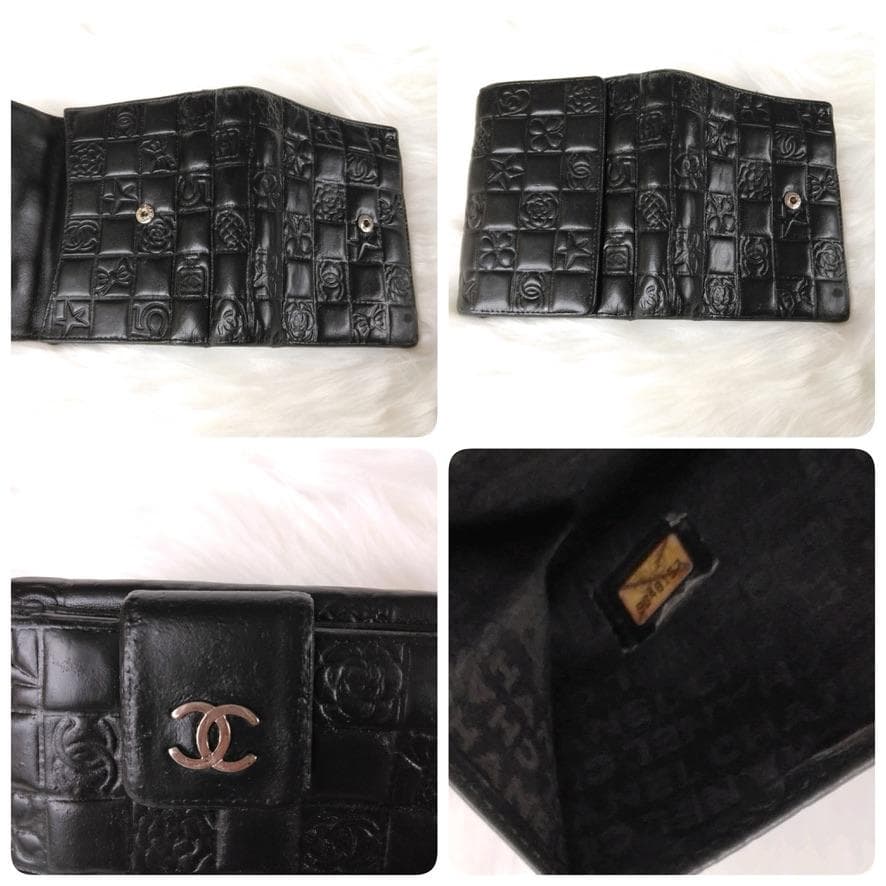 シャネル CHANEL Wホック 二つ折り財布 アイコン ラムスキン ブラック