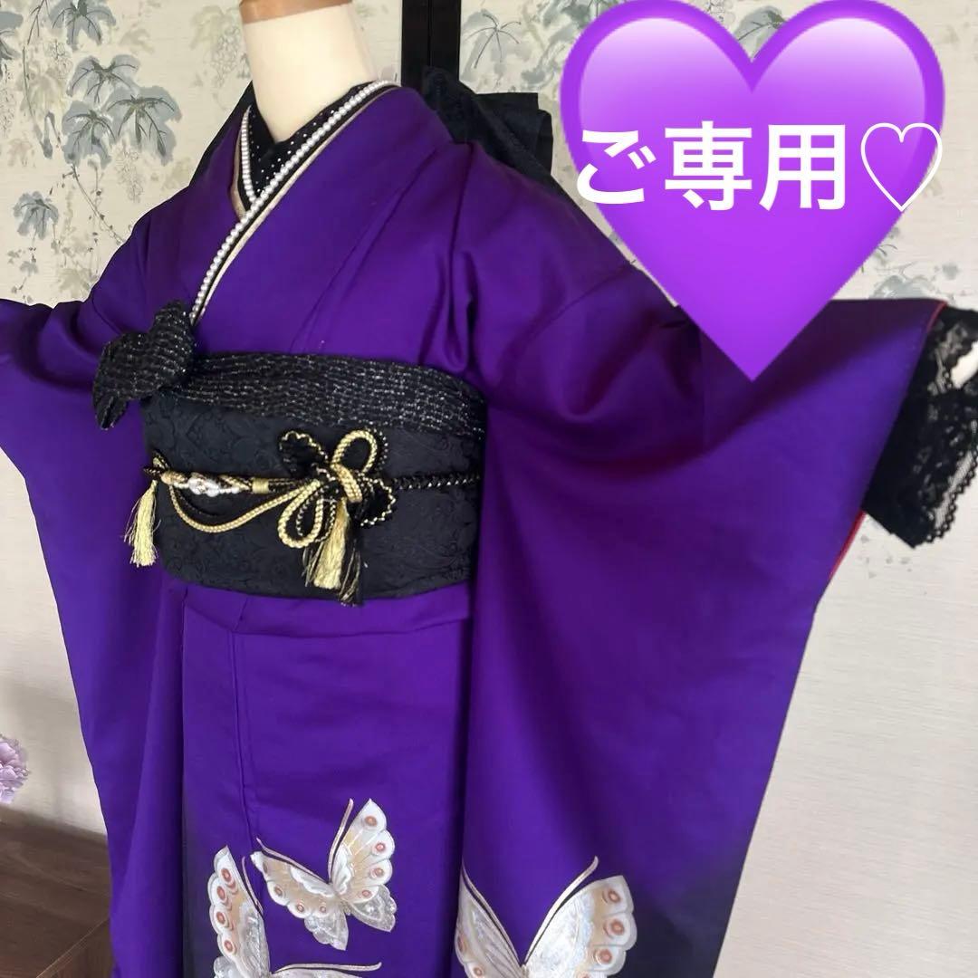 美品紫色の鶴と花の金彩友禅中振袖 と袋帯 長襦袢の3点セット 成人式