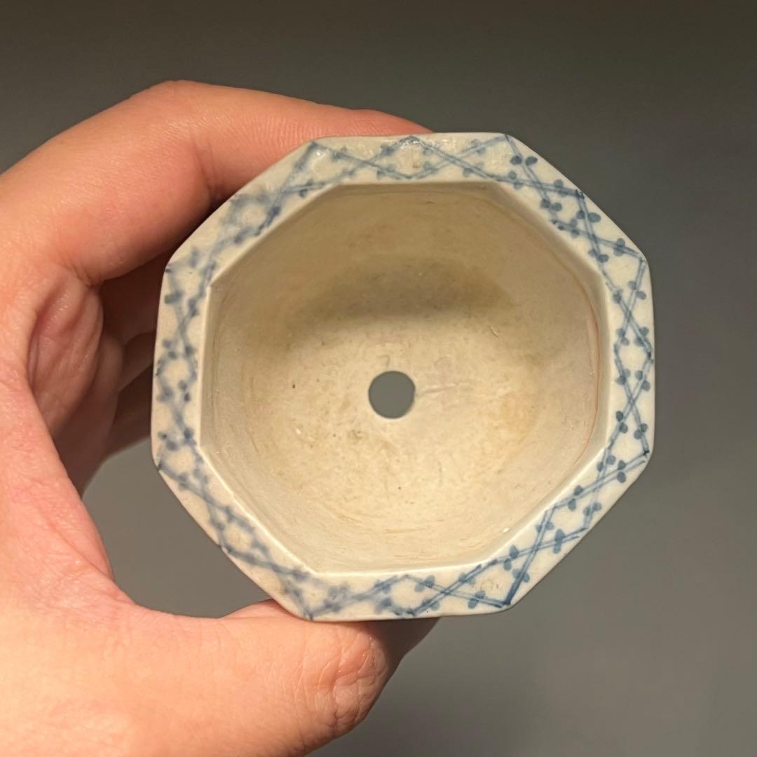 837.木黄 染付漢詩八角鉢 盆栽鉢 植木鉢 6.8*6.5*4.6cm