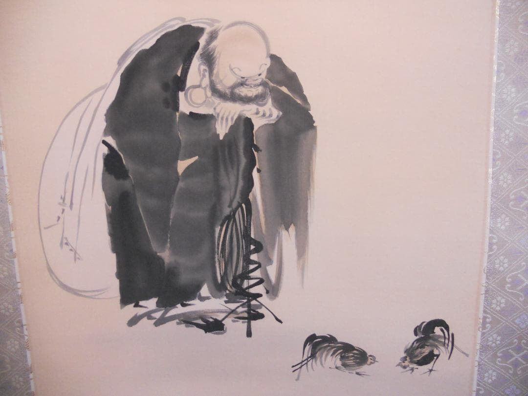 掛け軸 福田桂山 布袋に鶏 絹本 希少 軸装 茶道具 掛軸 美品 です。