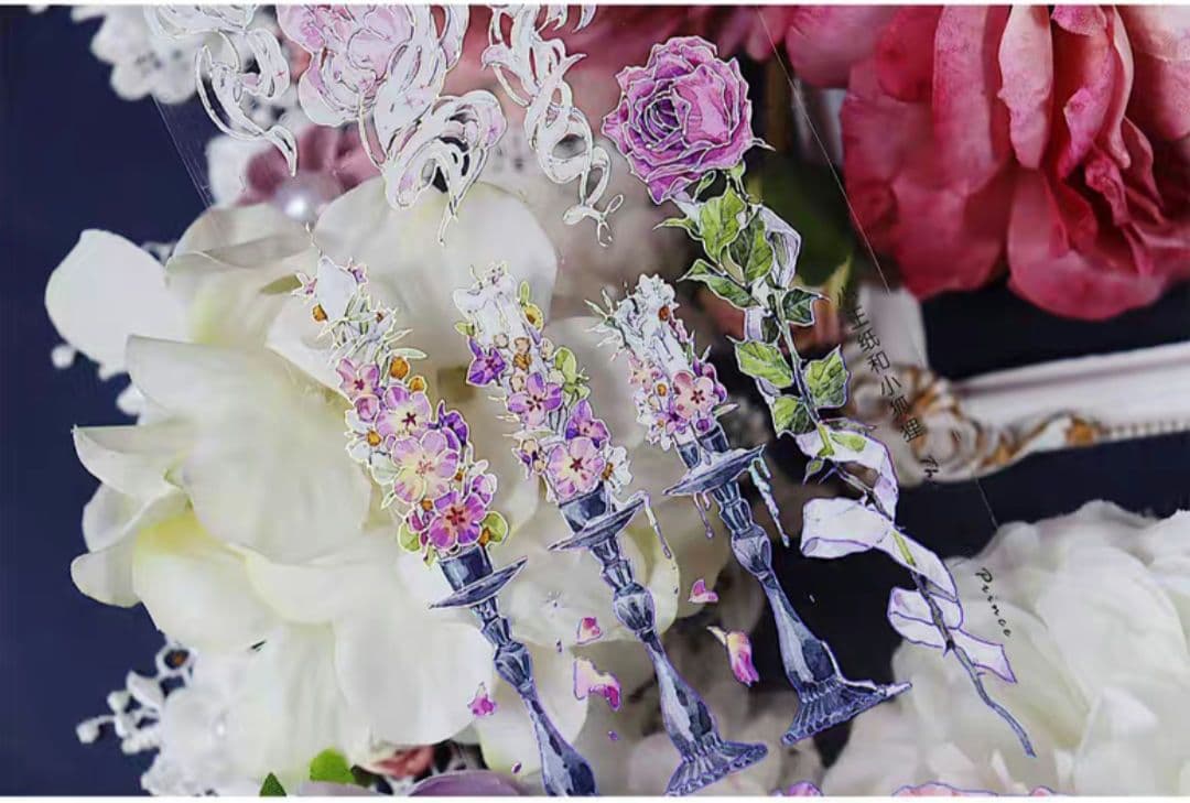 巻売 496☆ 海外 マスキングテープ マステ PET 装飾 花 銀ホロ