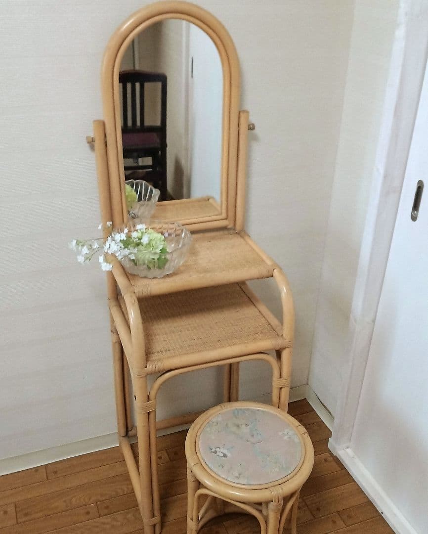 ラタン 籐家具 ドレッサー 鏡台 ① 化粧台 木製 昭和レトロ