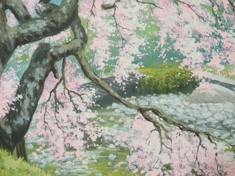 【値下げ】 風景画　油絵　中島千波　桜花　F8　額付き　手描き　肉筆