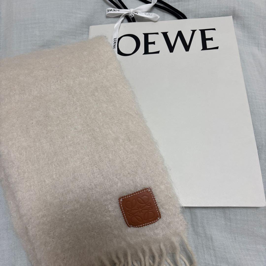 LOEWE ウール混紡 マフラー クリーム フリンジ付き LOEWE クリーム色