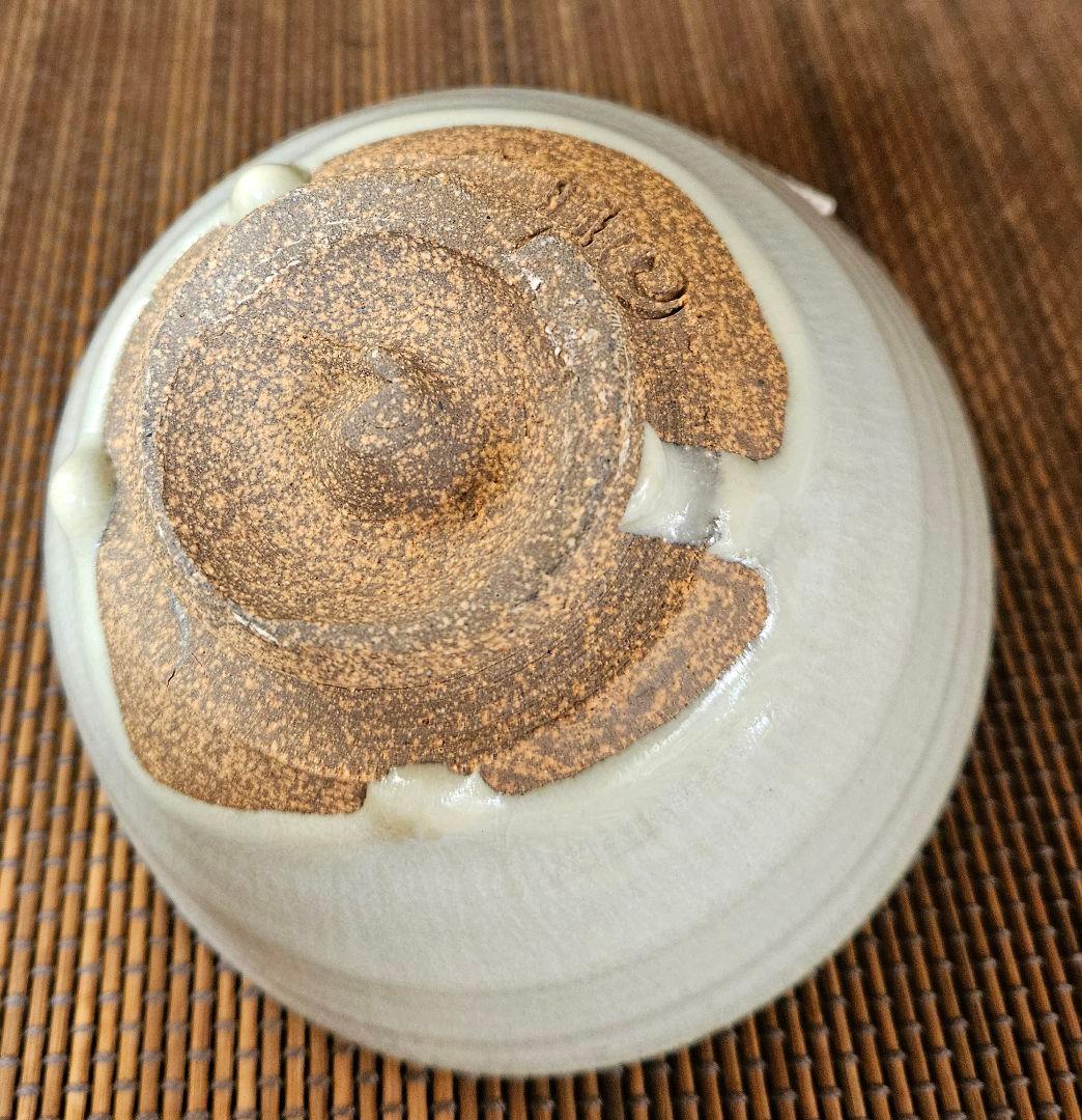 遠州七窯】上野焼 名工 青柳翆峰 造 白釉溜り 大振茶碗 共箱 茶道具