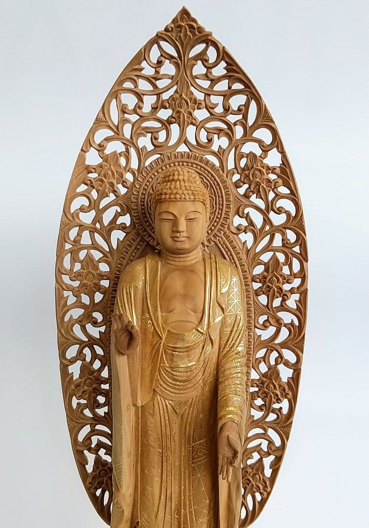 阿弥陀如来立像 5寸 #659+#557 台座 宝相華唐草 ◇白檀 木彫