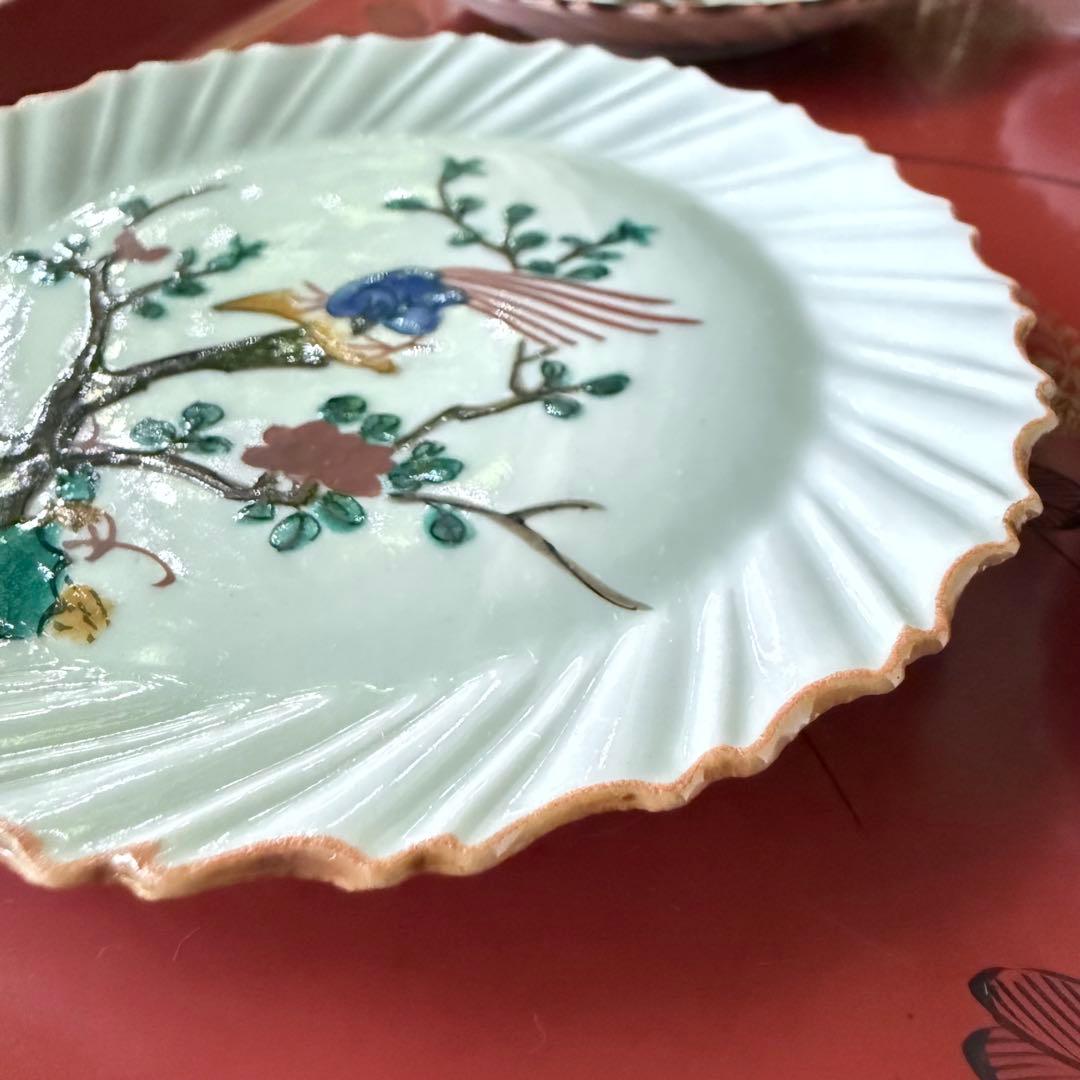 2164感謝‼️夏の倣い古九谷‼️幸せ強運の色絵花鳥図在銘福波打つ小皿4客➕1客プレ