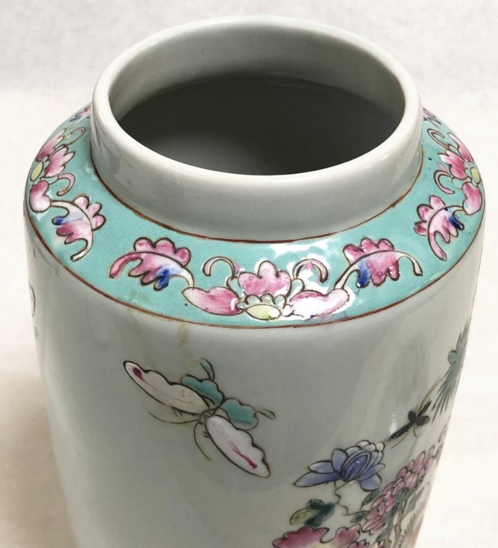 民国 色絵染付 鶏花蝶図色絵蓋物 伝世品焼物 無傷完