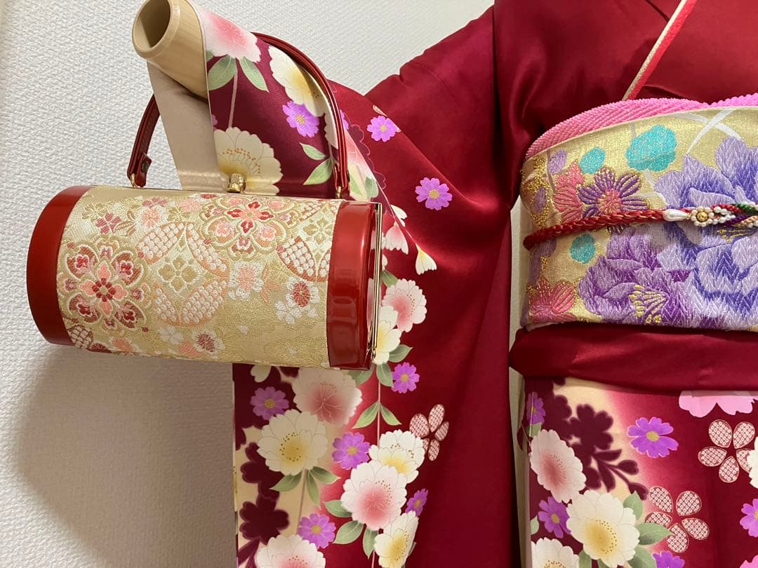 えんじ＆クリームツートン正絹振袖 全て揃ったフルセット身丈174裄丈68