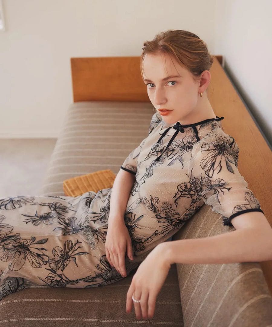 花柄リボンパフスリーブマーメイドワンピースドレス 結婚式 二次会 成人式