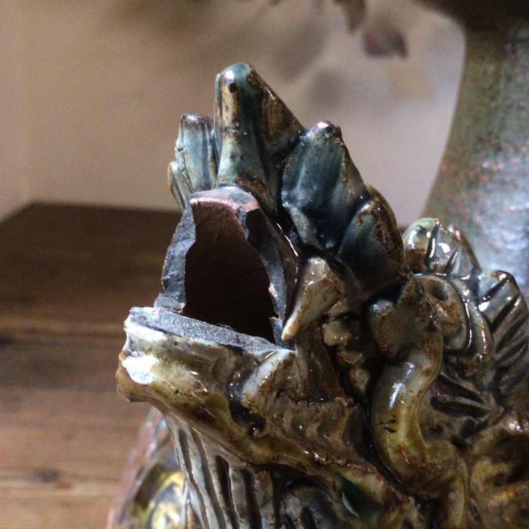 No4078 壺屋焼 浮彫雲龍文 カラカラ 酒器 沖縄 やちむん 民藝 送料無料