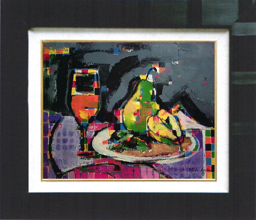 油絵 絵 絵画インテリア額付(青緑＋金色の枠) uF6-062204 静物 果物