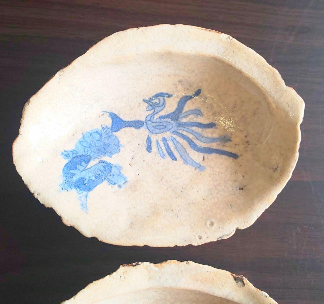 古伊万里 稀少珍品 鮑殻飾り皿 染付鳳凰花柄 江戸中期 2皿セット