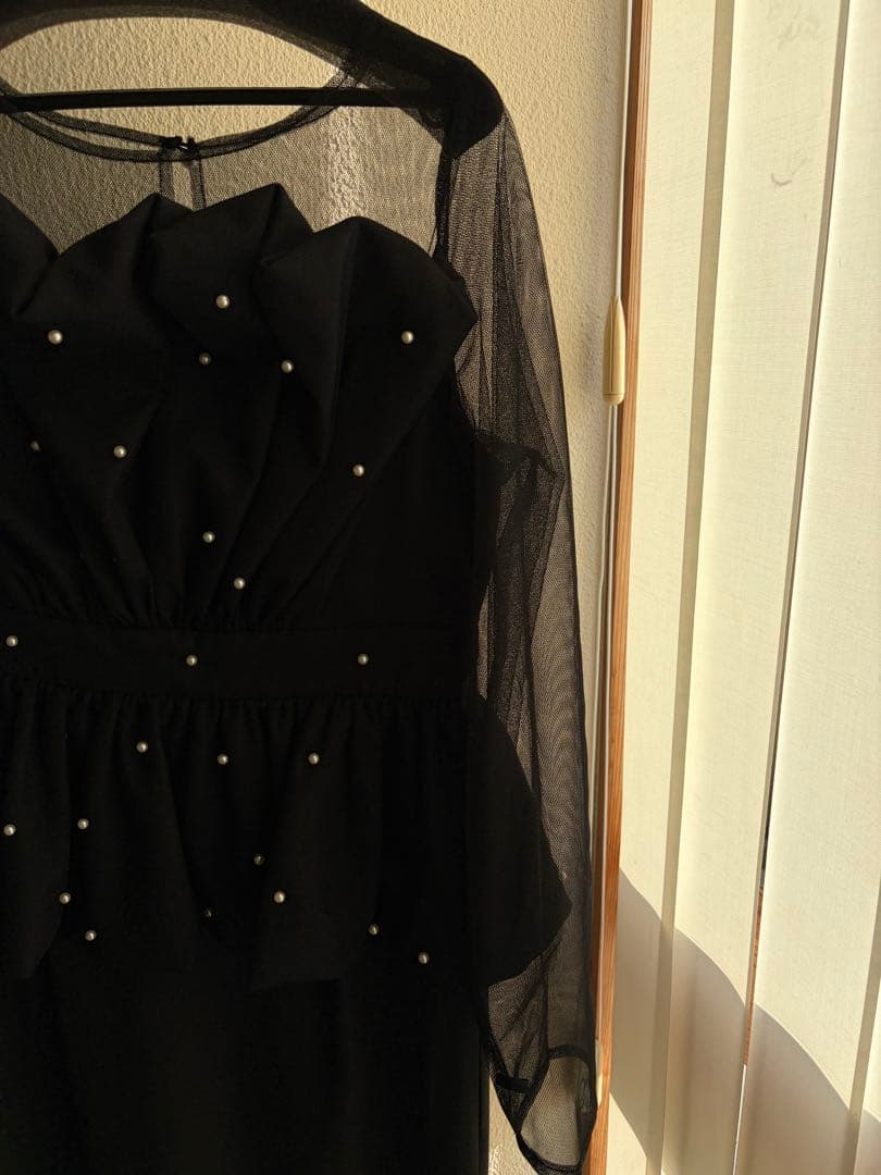 Et.UNiVER 黒 シースルー長袖 ペプラムドレス　M