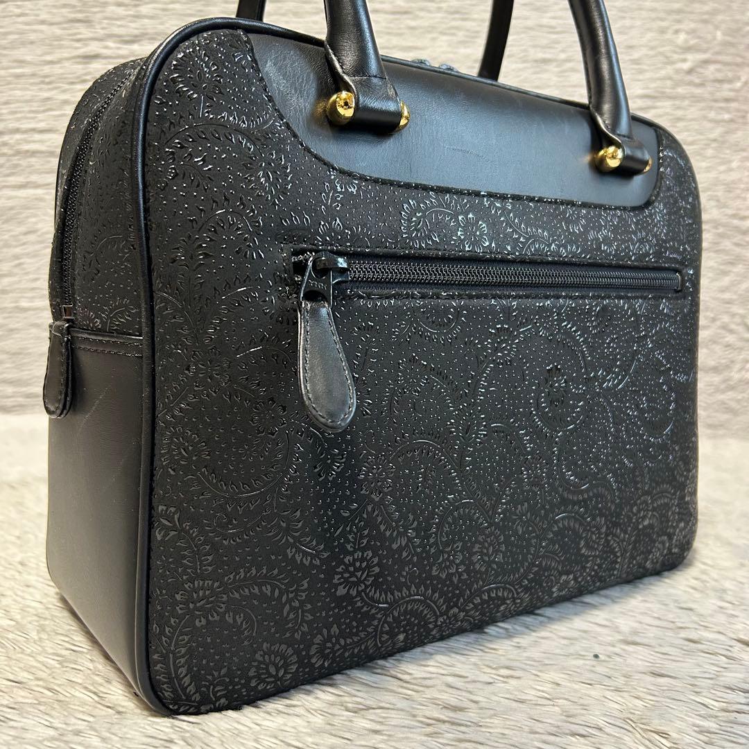 印傳屋 印伝　ハンドバッグ 鹿革 レザーバッグ　ブラック　甲州印伝 漆模様