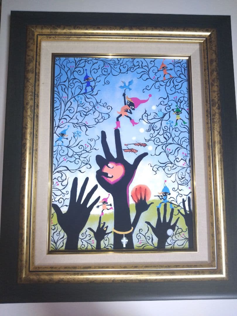 藤城清治、絵画、油彩4号こびとくんこの指とまれ新品額縁、肉筆、山下清。