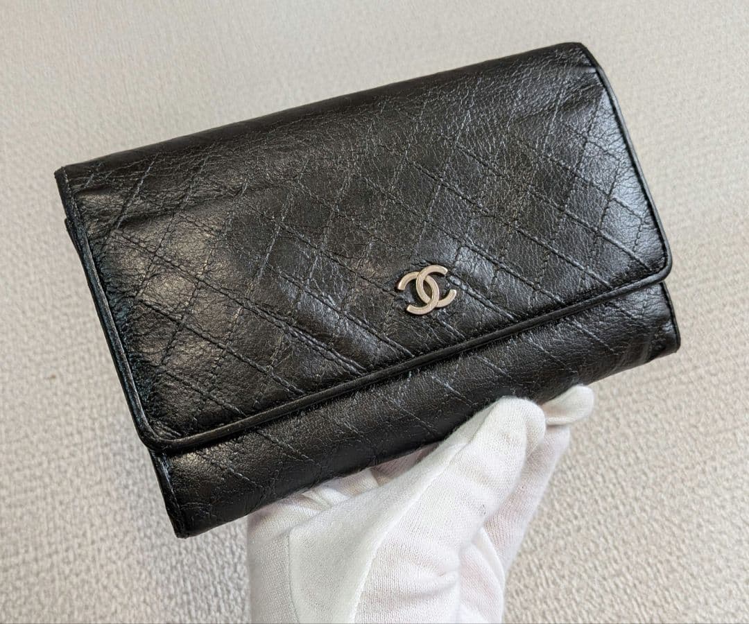 シャネル　黒　ビコローレ　バイカラー　折り財布　ミニ財布　ショルダー　ラムスキン