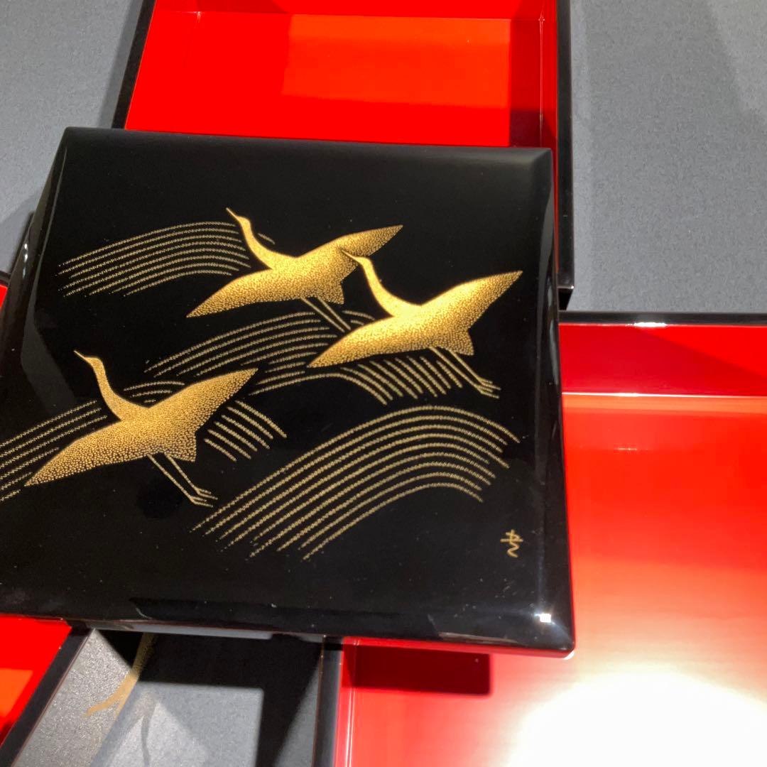 沈金蒔絵千羽鶴三段重黒漆共箱三谷吾一輪島R0845て