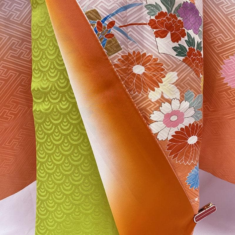 506ag60.小物◎七五三 七歳 女児 着物&袋帯 金彩 菊菖蒲扇 桜色 柿色