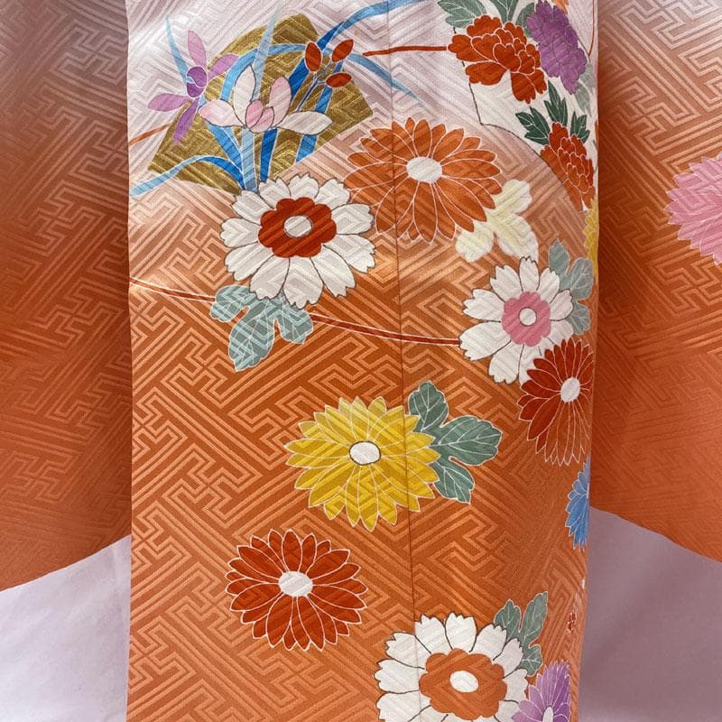 506ag60.小物◎七五三 七歳 女児 着物&袋帯 金彩 菊菖蒲扇 桜色 柿色