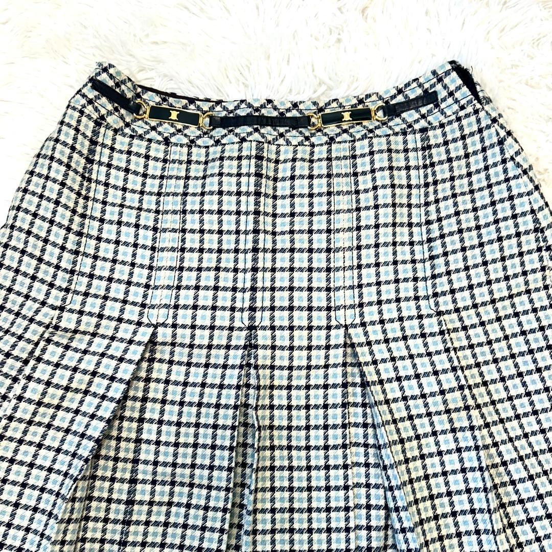 希少　セリーヌ　スカート　L　チェック　フレア　トリオンフ　プリーツ　膝丈