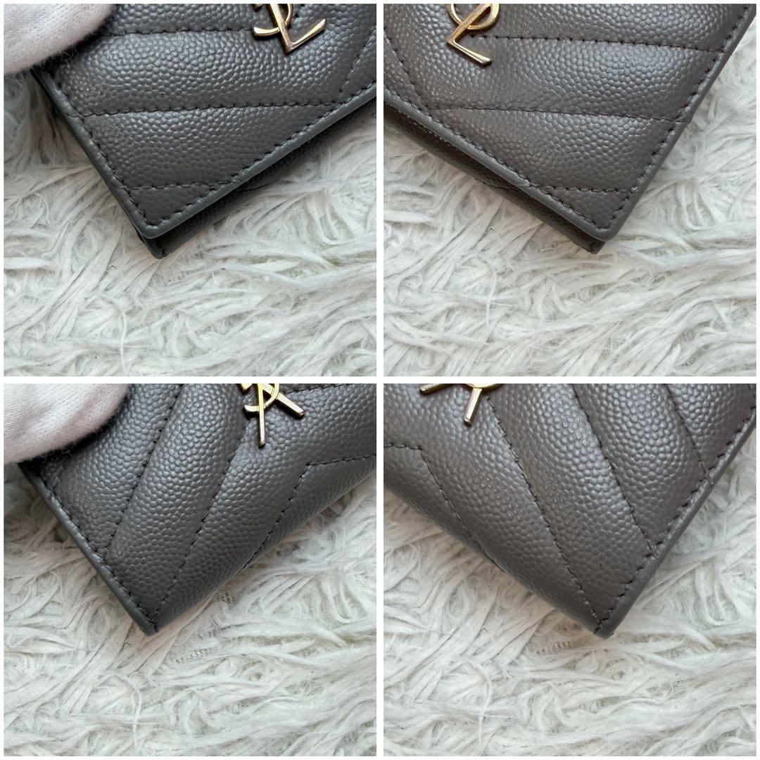 美品✨サンローラン 三つ折り財布 Vステッチ カサンドラ レザー