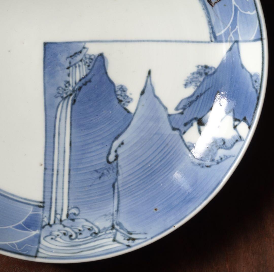 江戸時代 前期 古伊万里 藍九谷 染付 墨はじき縁 山水図 中皿