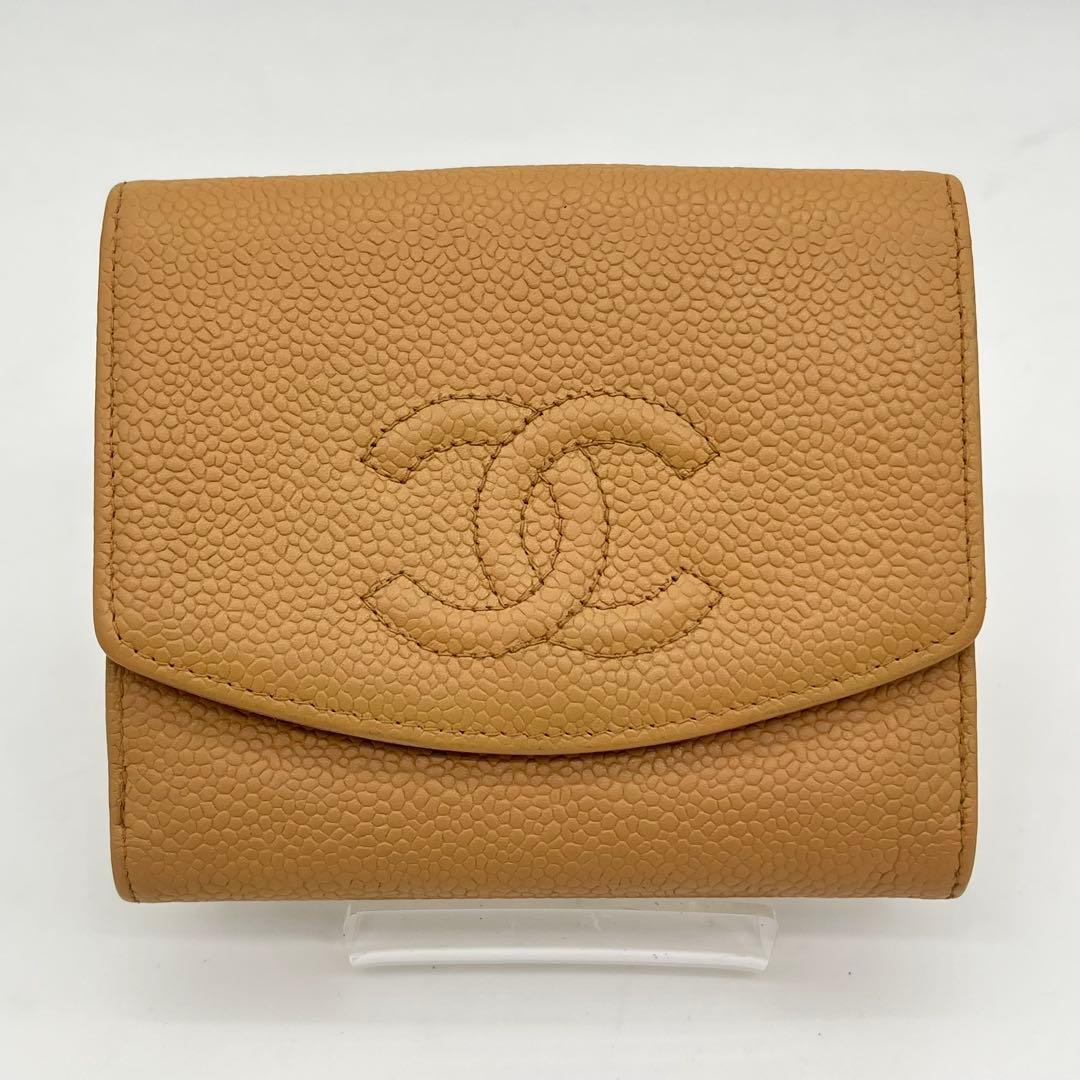 シャネル 二つ折り財布 ココマーク キャビアスキン Wホック レザー ベージュ