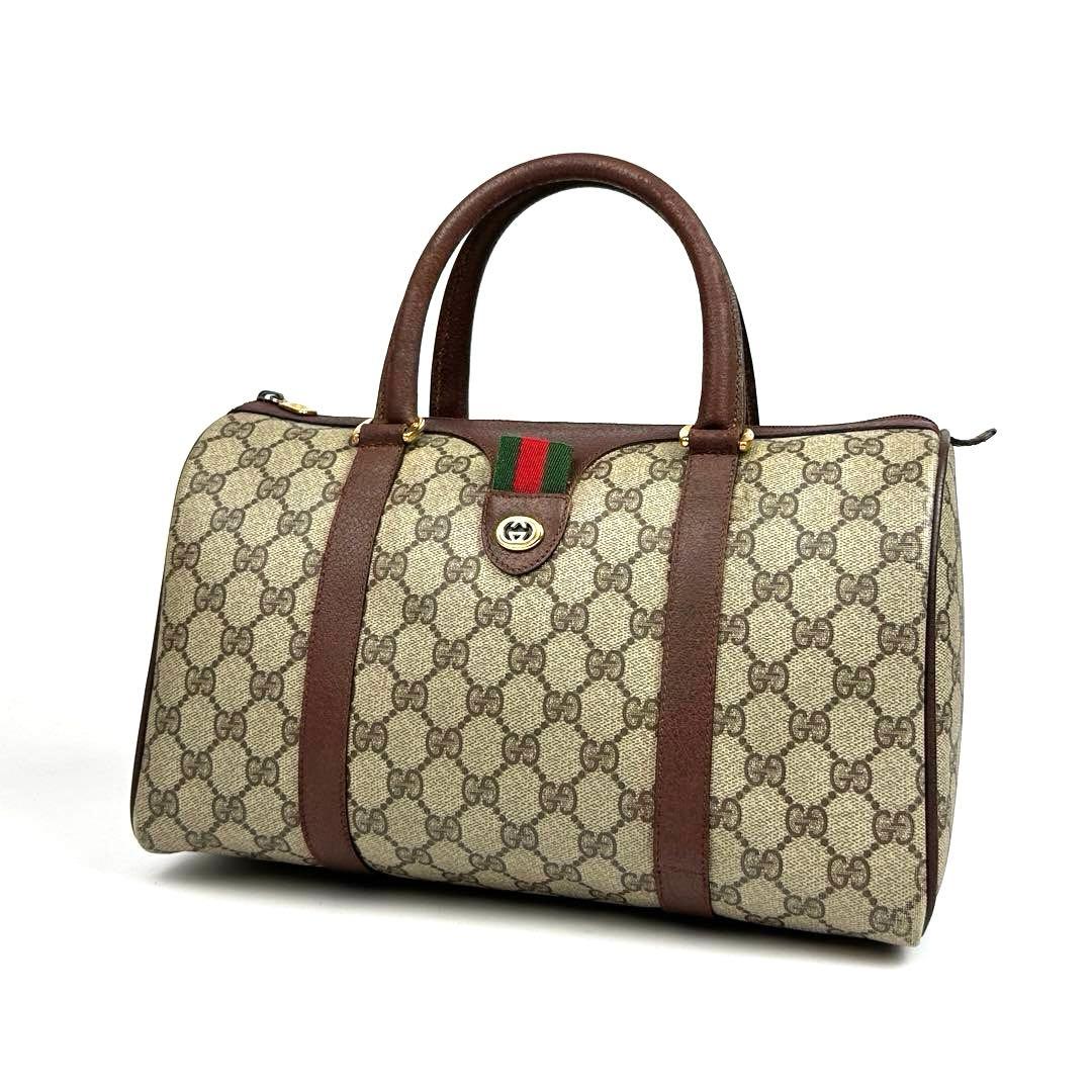 【美品】グッチ　ハンドバッグ　GGスプリーム　シェリーライン　PVC　レザー　茶