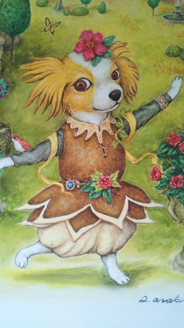 ✨【原画】『庭園でダンス』（絵画　パステル画　パピヨン　植物画　動物画　犬の絵）