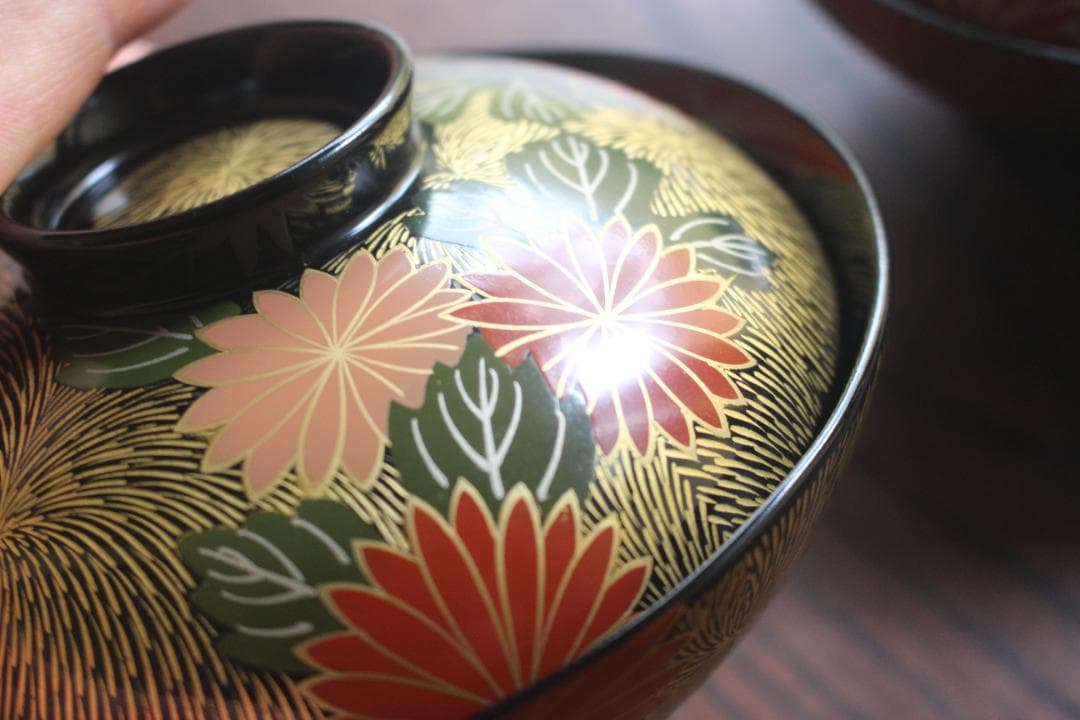 専用！上質黒漆に極上菊詰沈金蒔絵のお椀3点（検輪島塗蒔絵椀雑煮椀