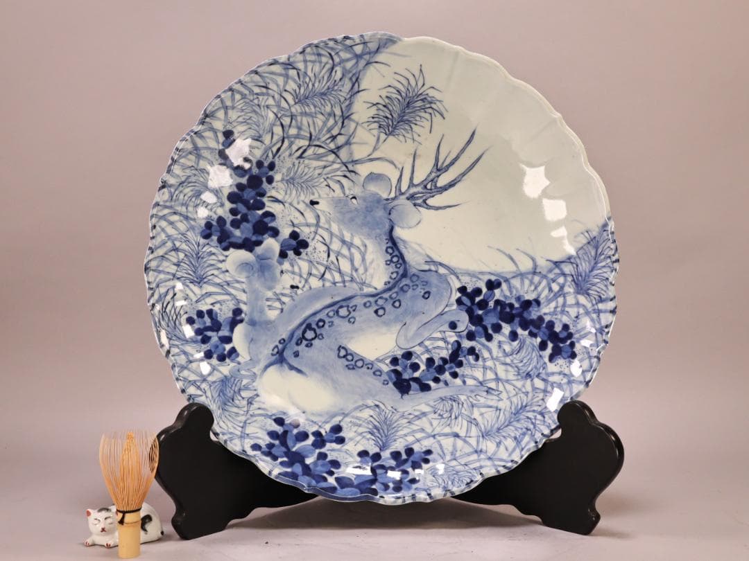 BK265　江戸期　古伊万里　古染付鹿文　大皿　49㎝　二重角福　1尺6寸