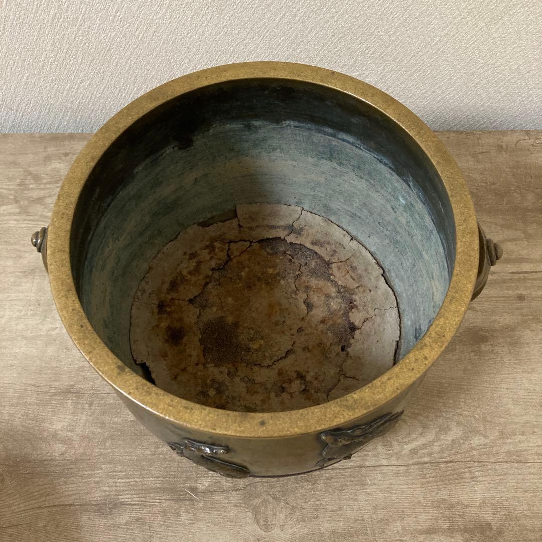 時代銅火鉢 壱対 宣徳火鉢 江戸文政 手炙り アンティーク 珍品 高肉彫