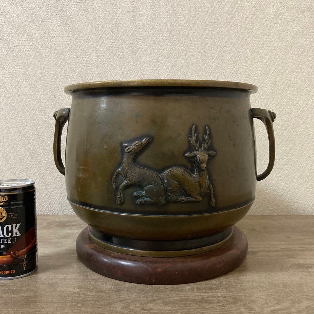 時代銅火鉢 壱対 宣徳火鉢 江戸文政 手炙り アンティーク 珍品 高肉彫