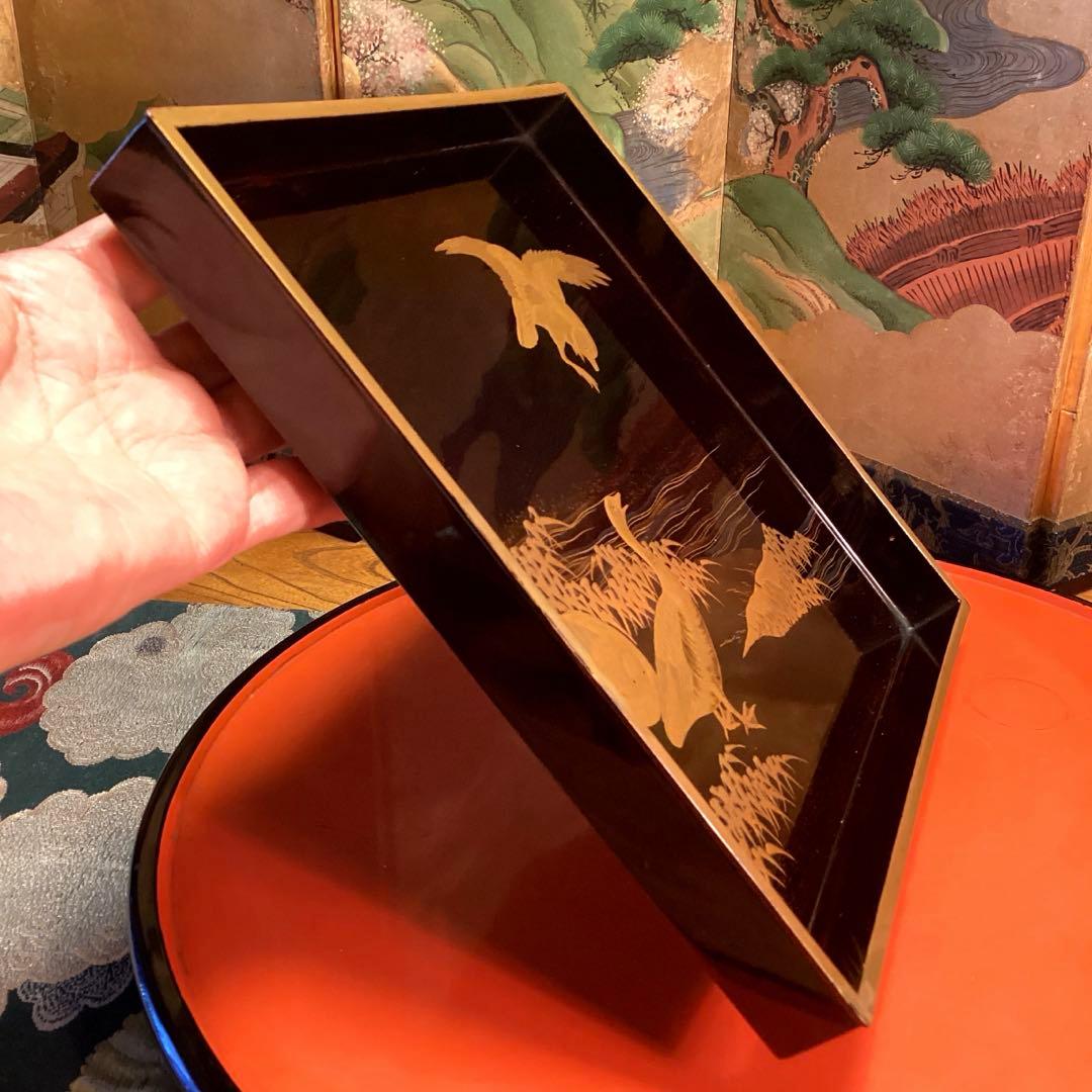 A1020木製輪島塗　水辺に雁　金蒔絵盆　金縁　蒔絵　菓子盆　香盆