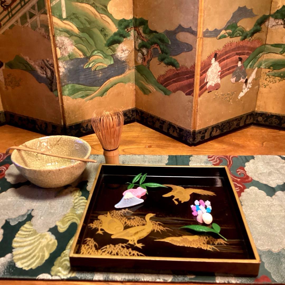 A1020木製輪島塗　水辺に雁　金蒔絵盆　金縁　蒔絵　菓子盆　香盆