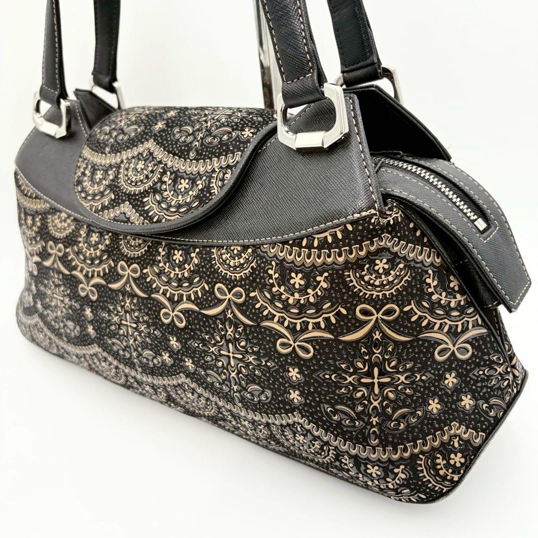 【超美品】印傳屋 PRIDEN プライデン 手提げバッグ 黒×ベージュ 鹿革 漆