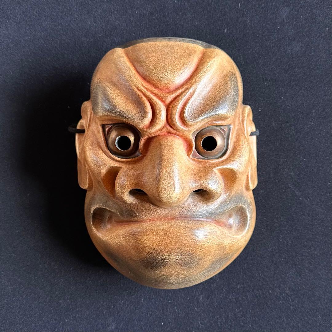 送料無料 時代物 松清作 木彫彩色能面 女面・能楽面 木箱・面袋付