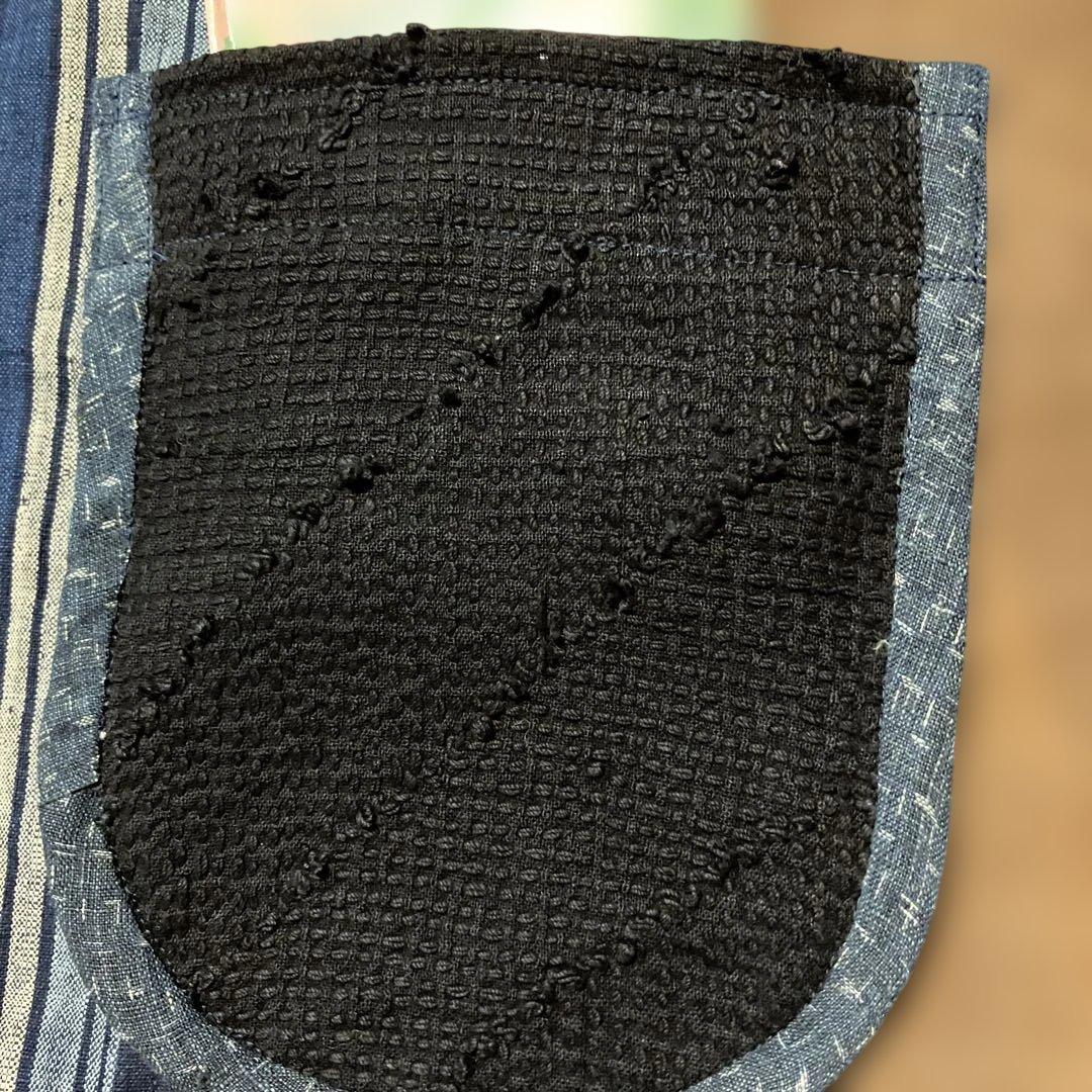 柿渋染め酒袋古布型染め雪ん子格子、縞木綿庄内刺し子ポケット